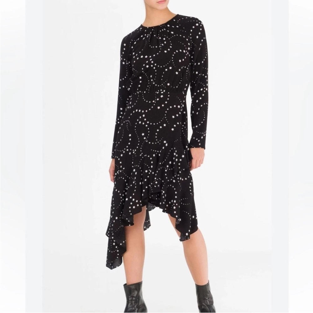 Maje Retoile Star Print Asymmetrical Black and White Midi Dress